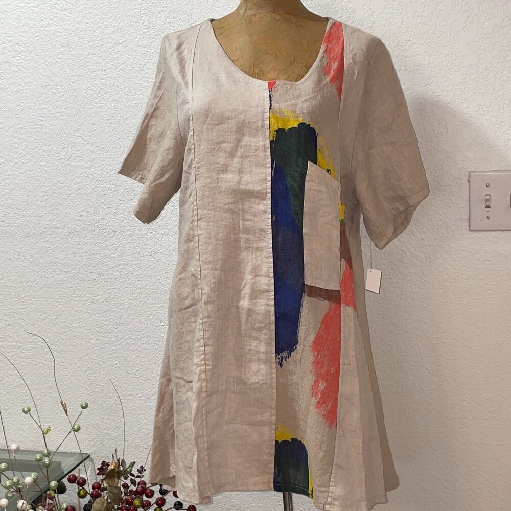 NWT Light Brown / Beige Print Linen Dress TRANSPARENTE sz 1 M L